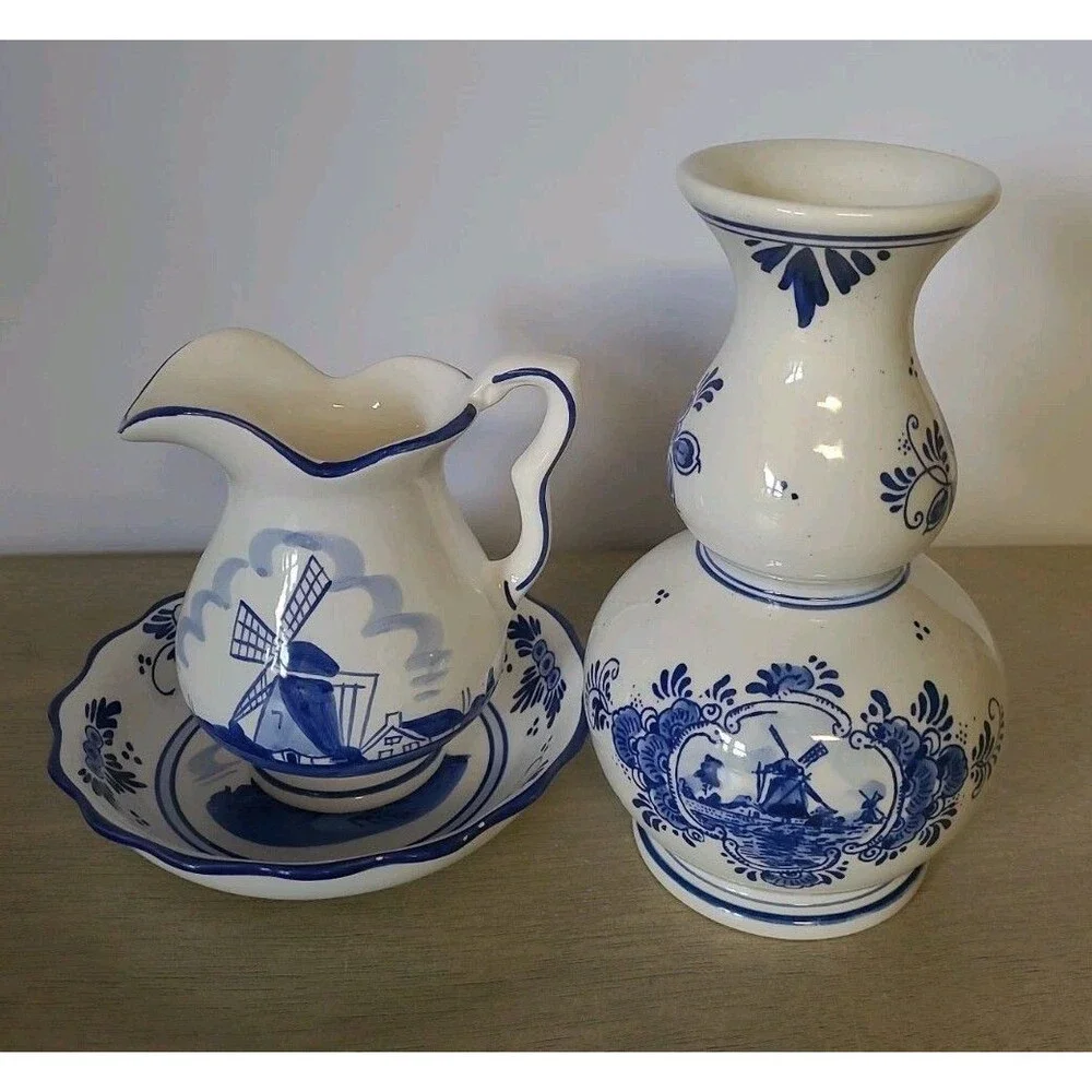 3 Piece Lot Handpainted Delft Blue Pottery Vase Bowl Pitcher Windmill Holland